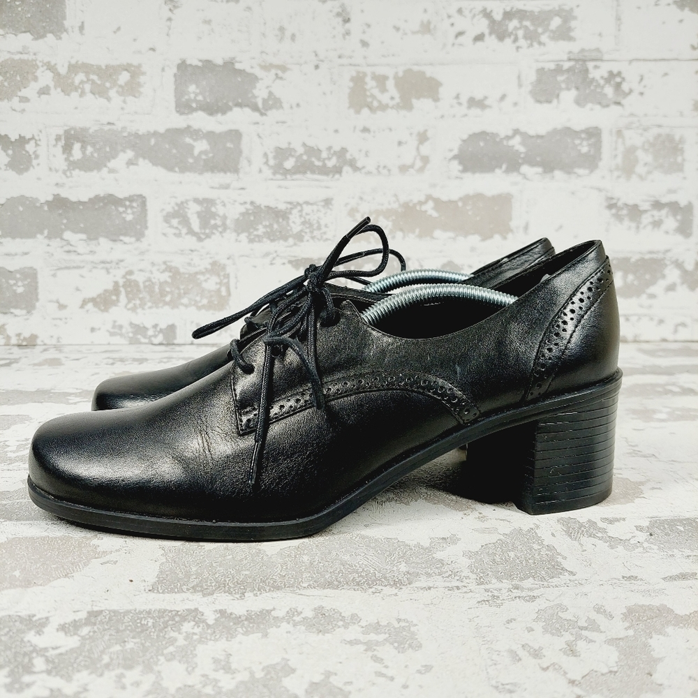 NEW Croft & Barrow Myra Black Leather Dark Academia Y2K Lace Up Block Heels F457